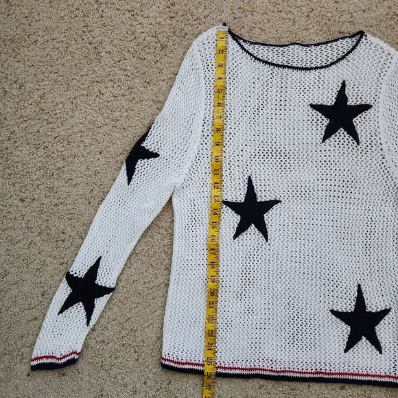 Crochet Open White Knit Blue Star Patchwork Long Sleeve Cover Up Top - Picture 7 of 8